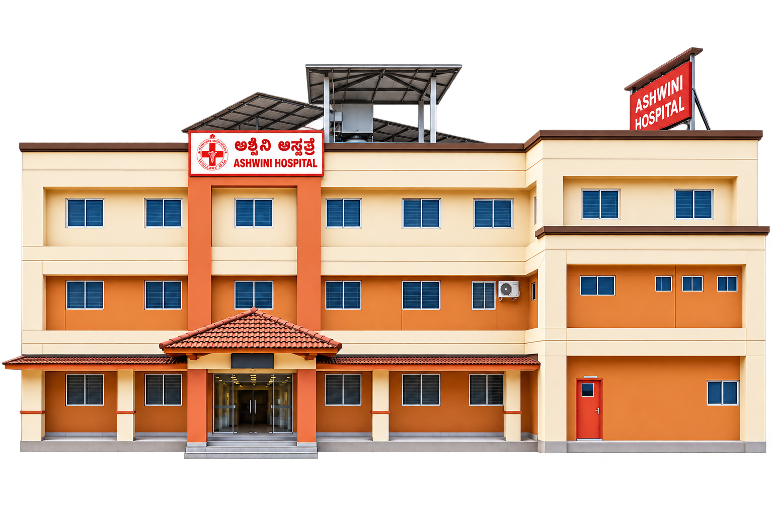 Neat, AI-enhanced cutout of Ashwini Hospital’s cream and terracotta building